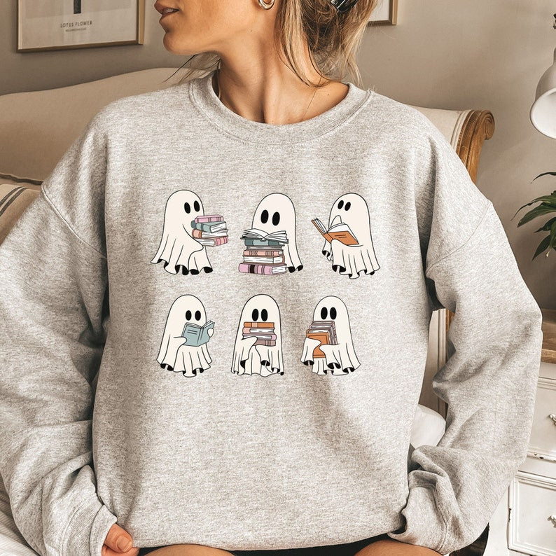 Ghost Reading Books Sweater, Bookish Halloween Sweatshirt, Halloween Teacher Gift, Librarian Halloween Hoodie, Ghost Crewneck